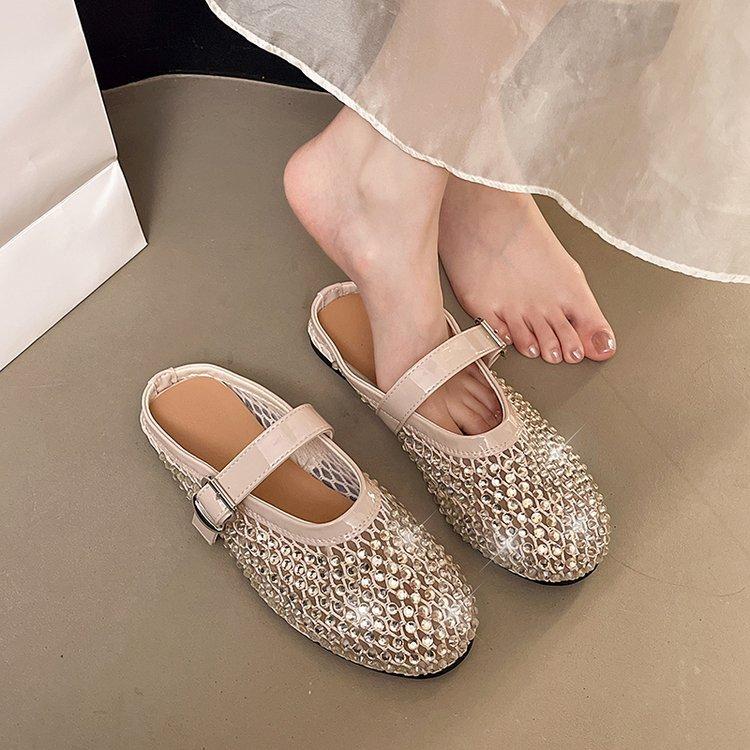 2025 Summer New Niche Ballet Shoes Mesh Rhinestone Breathable One-word Buckle Flat Mary Jane Shoes Women's Shallow Mouth Single Shoes