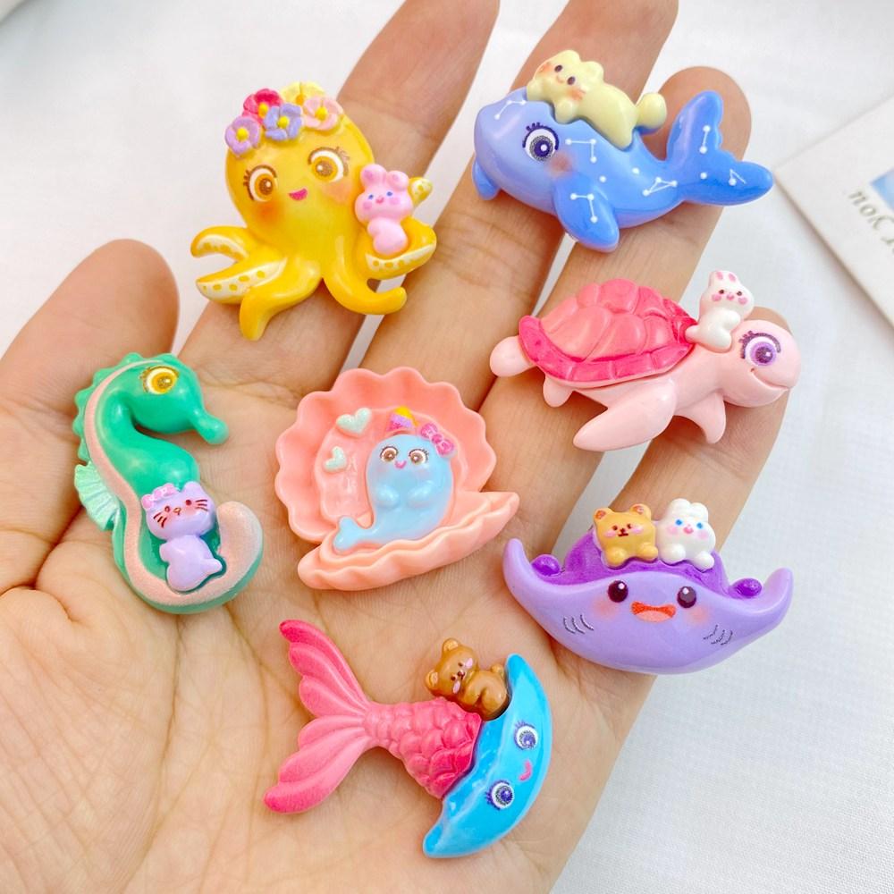 7Pcs New Cute Mini Cartoon Whale, Octopus, Turtle, Seahorse Series Flat Back Ornament Jewelry Bows Accessories