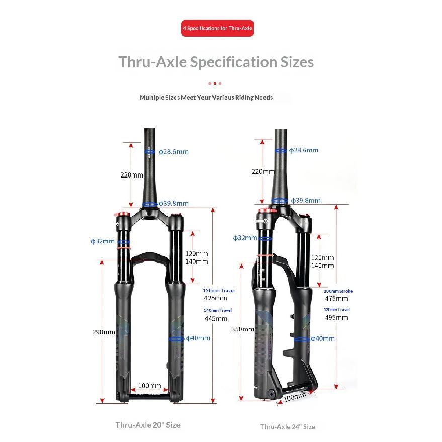 Nanlio Mountain Bike Suspension Fork 20 24 Inch 100 120 140mm Shock Absorption Thru Axle Quick Release Bicycle Accessory