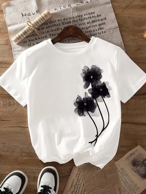 Damski T-shirt Casual - Czarny z Kwiatowym Wzorem, Krótki Rękaw, Okrągły Dekolt, Lekki Oddychający Materiał, Koszulki Damskie