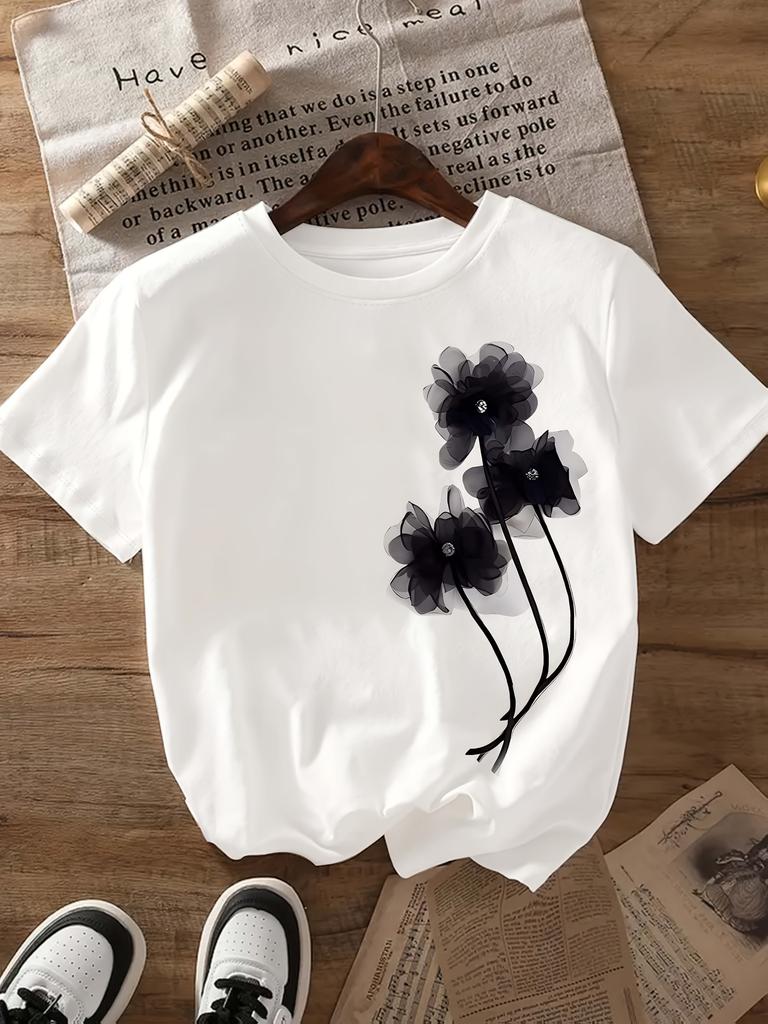 Dam T-shirt Casual Svart Blommönster Kortärmad Rundhals Topp Lätt Andningsbart Tyg Dam T-shirts Kläder