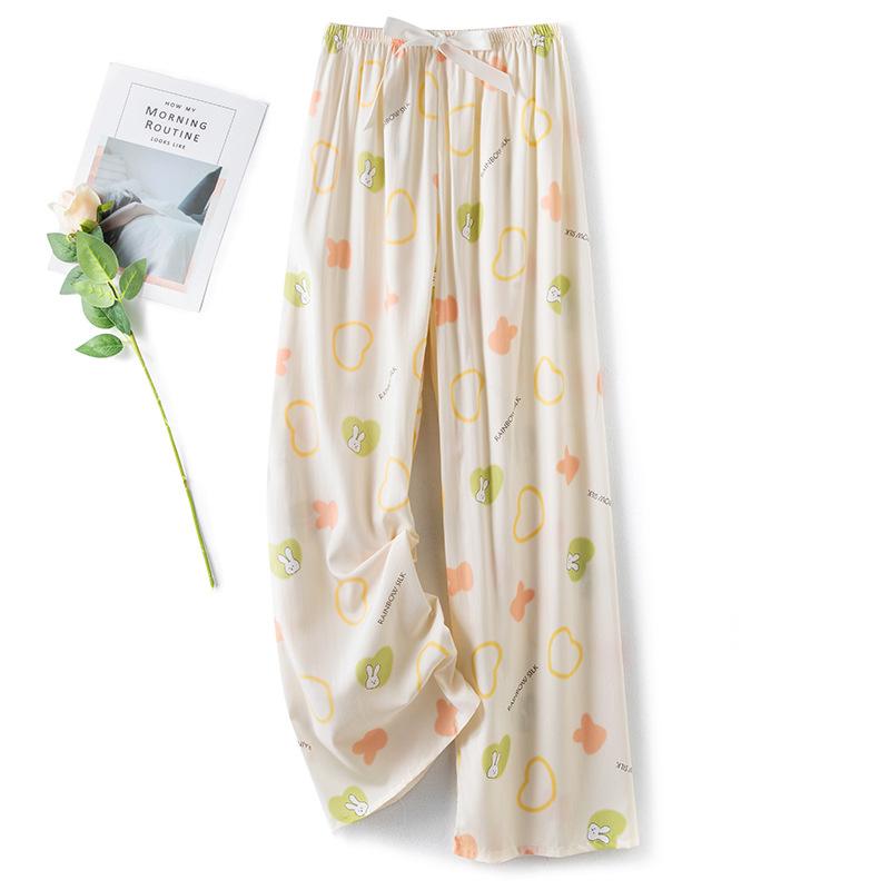 Pantaloni de pijama din bumbac mătase pentru femei, secțiune subțire de vară, anti-țânțari, pantaloni cu picior lat, culoare uni, pentru exterior, casă, petrecere a timpului liber, imprimeu, pantaloni de plajă până la genunchi