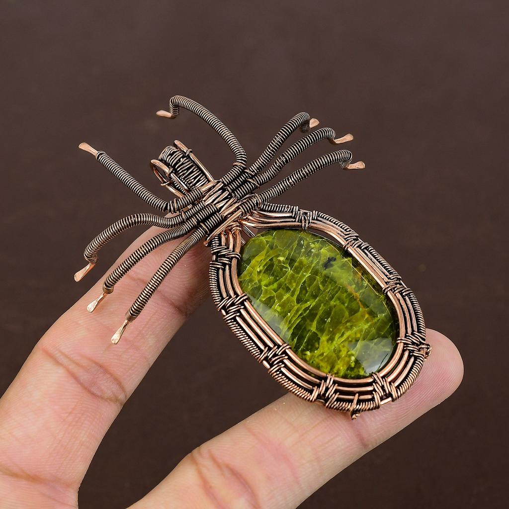 Green Opal Handmade Copper Wire Wrap Spider Pendant 2.56" M7q95