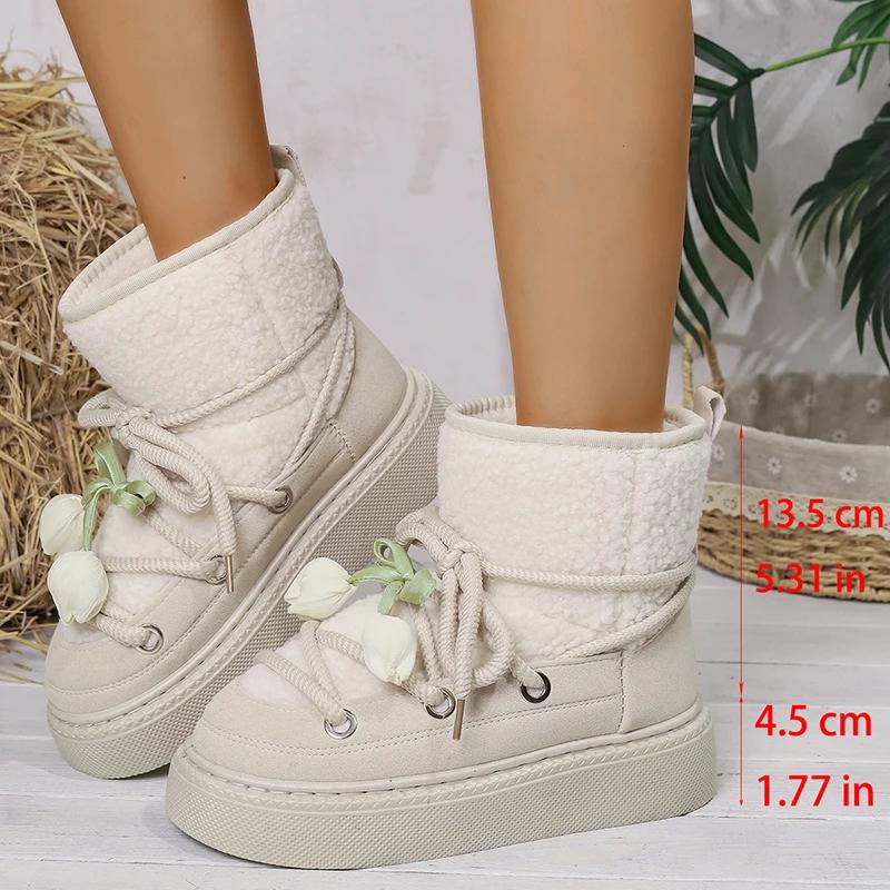 Fashion Floral Bowtie Lace Up Ankle Boots Women Cotton Padded Thicken Plush Snow Boots Plus Size Thick Sole Chunky Platform Cotton Boots