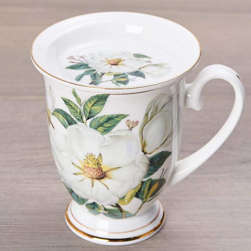 Light Luxury Ceramic Tea Mug 300ml - Fine Porcelain Bone China Coffee Mug with Gold Trim, Camelia Floral Vintage Tea Cups with Handle,1pc