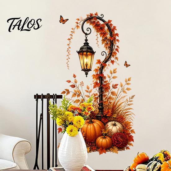 DIY Autumn Room Decor Pumpkin Street Lamp & Maple Leaves Wall Sticker, Waterproof PVC Fall Harvest Removable Leaf Art Decal, Decorative Peel And Stick