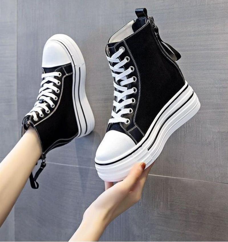 Women'S Thick Soled Sneakers New Slope Heel 8Cm Height Increase Women'S Zipper Breathable Casual High Top Canvas Shoes
