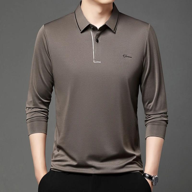 New Men'S Business Casual Long Sleeved Shirt With Badge Solid Color Polo Shirt Fashionable Breathable Comfortable Versatile Top