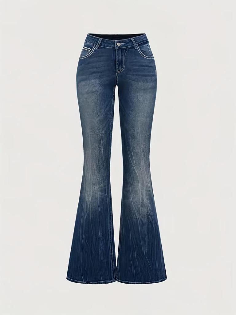 Jeans da donna slim micro-svasati con tasche ricamate e lavaggio scuro
