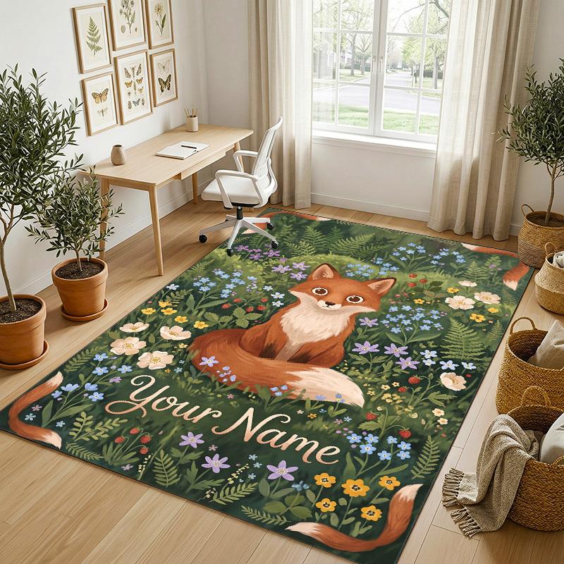 Fox Garden Theme Soft Crystal Velvet Rug Custom Name & Text Print Non Slip Floor Rug for Bedroom Living Room