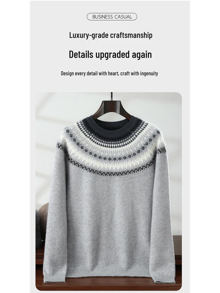 Men's Fair Isle Knit Cashmere Sweater - Round Neck, Retro Jacquard, Soft & Skin-Friendly, Thickened Design, Trendy Style