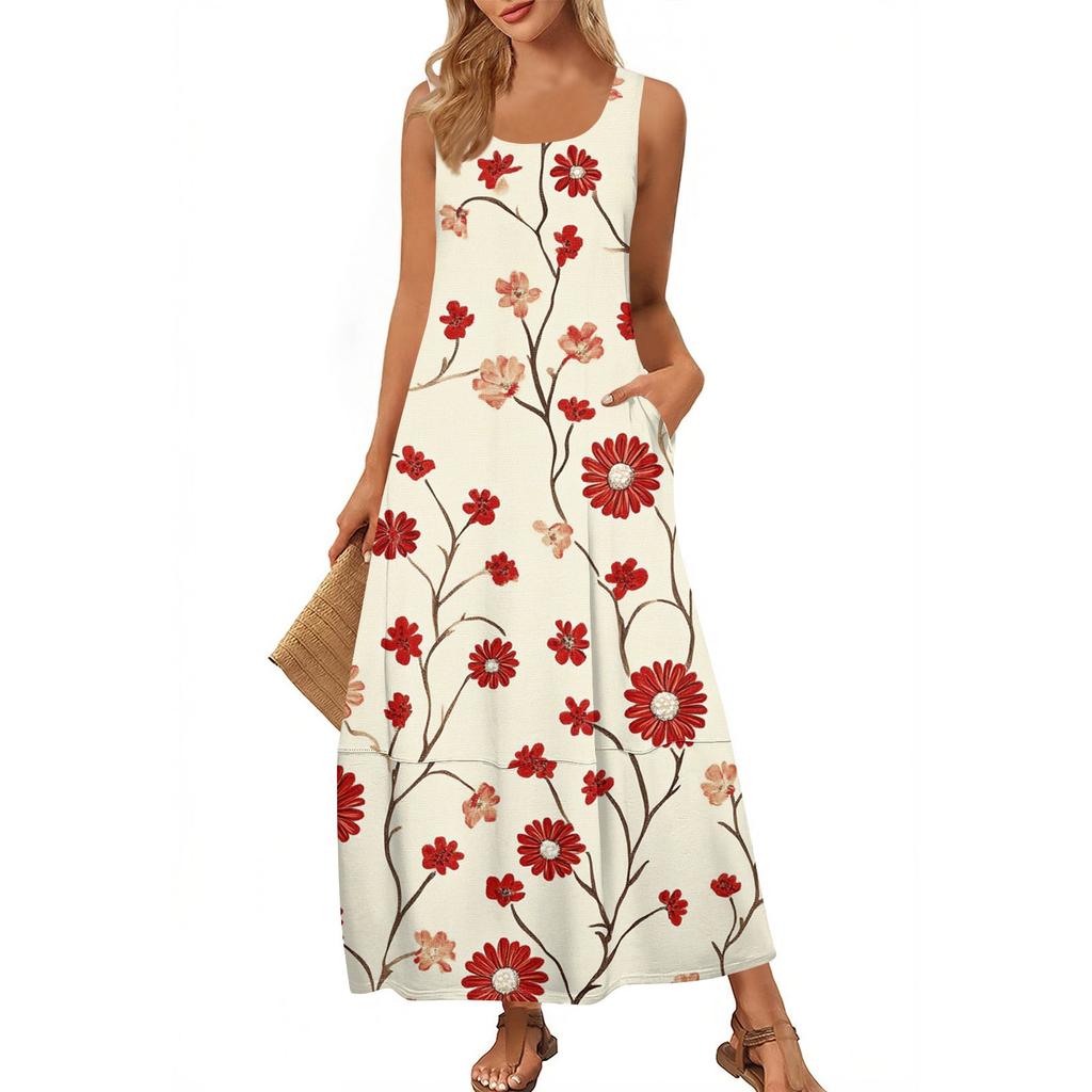 Women's Casual Floor-length Sundress Summer Beach Dress Round Neck Sleeveless Loose  Print Sundress