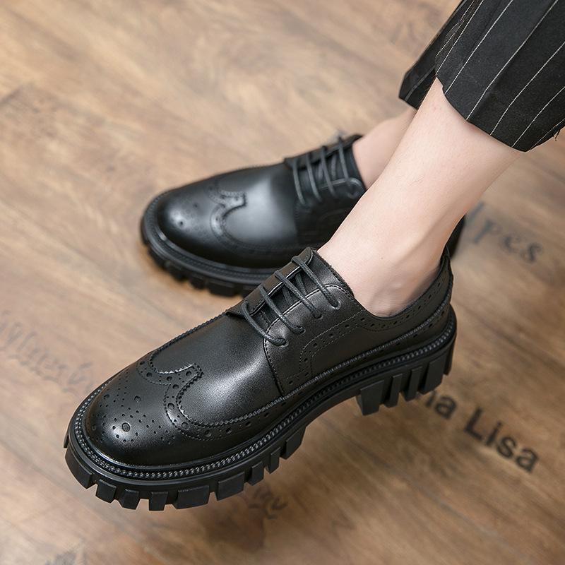 Korean Style Thick-Soled Men's Brogue Shoes, Sizes 38-45 - Trendy Carved Leather Work Boots, Low-Top Design