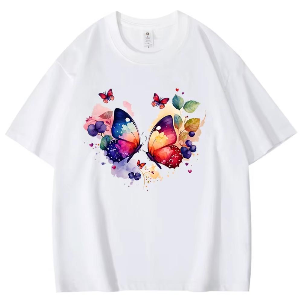 Two Colorful Butterflies Pattern Men Women Cotton TShirt Simple Unisex Tee Loose Large Size Top Women Clothing