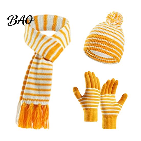 Soft Skin Friendly Winter Set 1 Hat Scarf Gloves for Kids, Fleece Lined Striped Knit with Children Elastic Ribbed Pom Pom, Cozy Toddlers Boys
