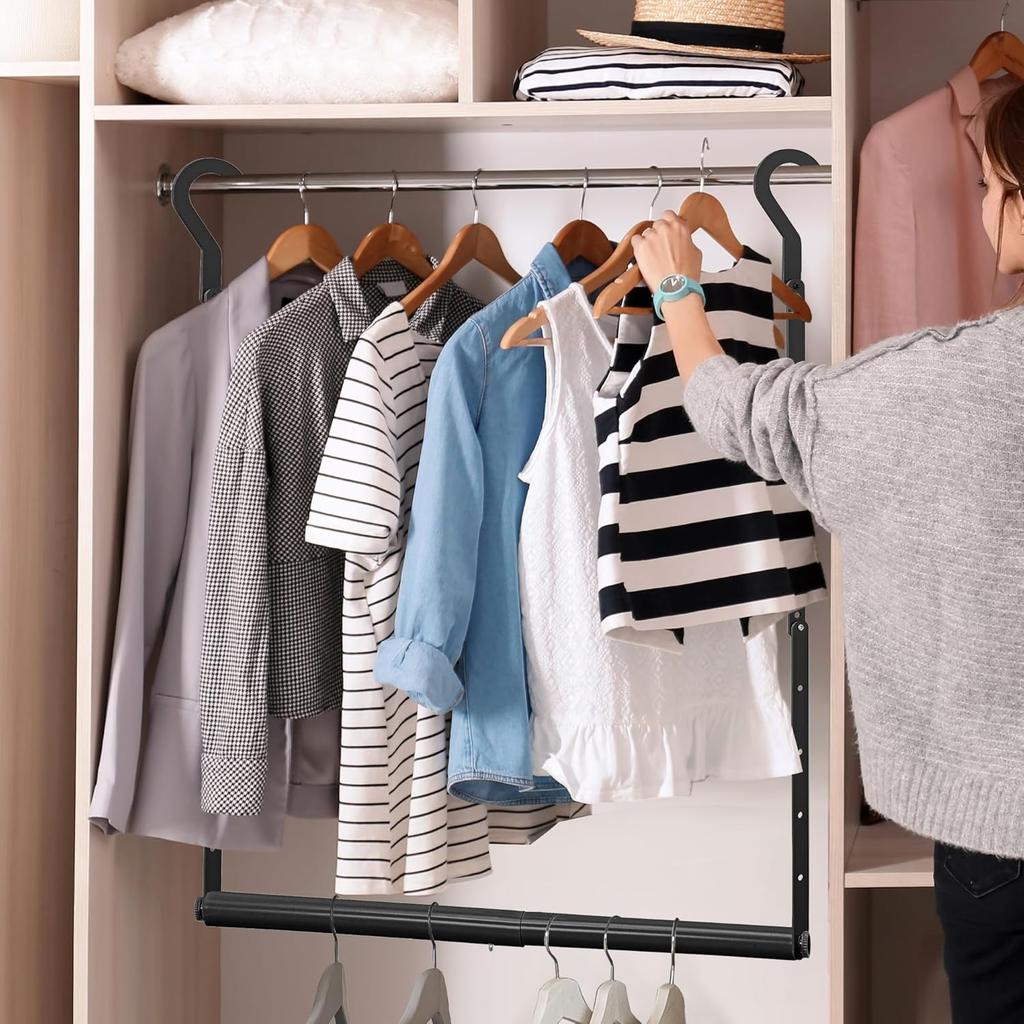 Hanging Closet Rod, 18-30In Heavy Duty Adjustable Width and Up to 38In Height Adjustable Closet Rod Extender, Double Closet Rod Hanging Bar,