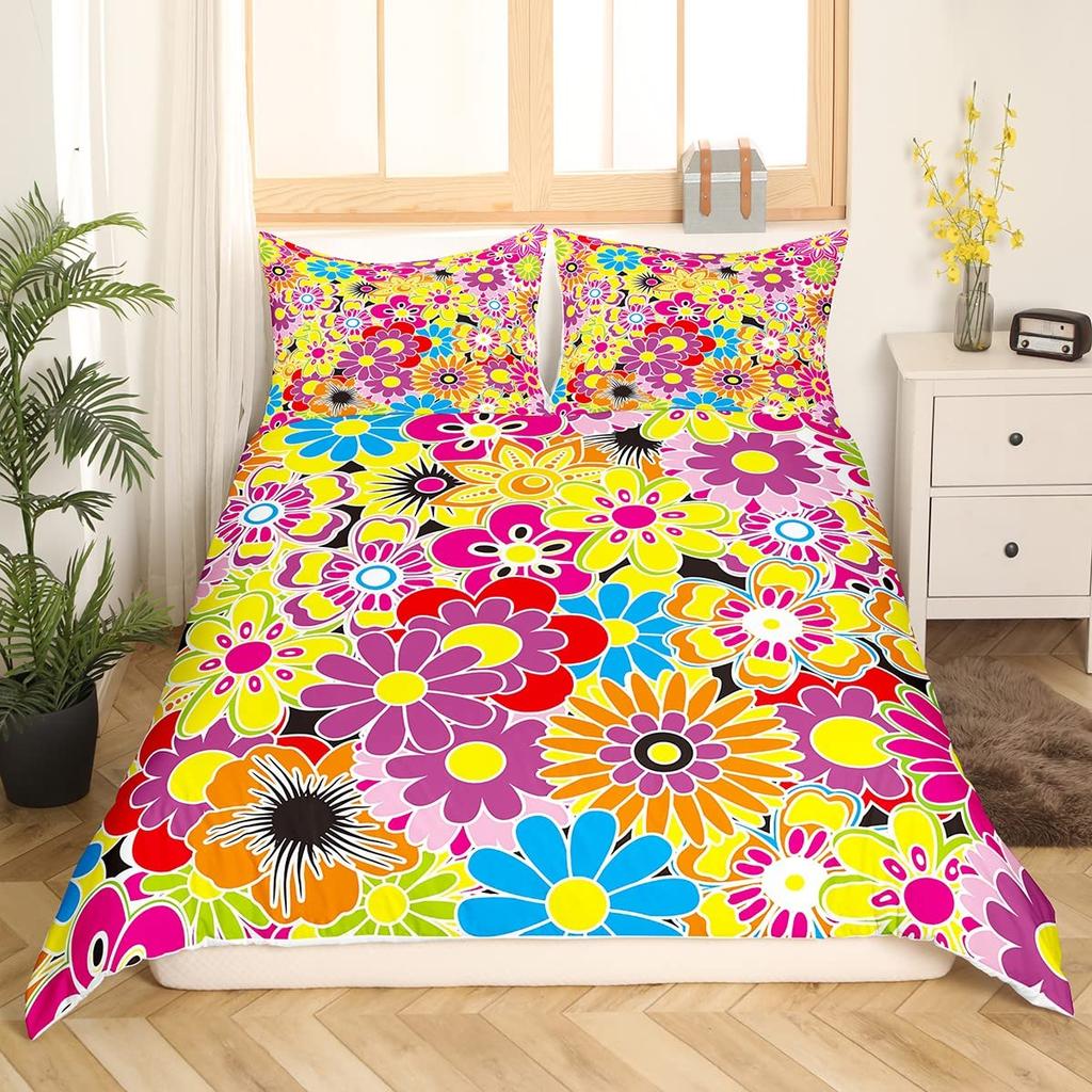 Retro Flowers King Queen Bedding Set Cartoon Vintage Floral Duvet Cover Boho Abstract Quilt Cover Soft Polyester Comforter Cover