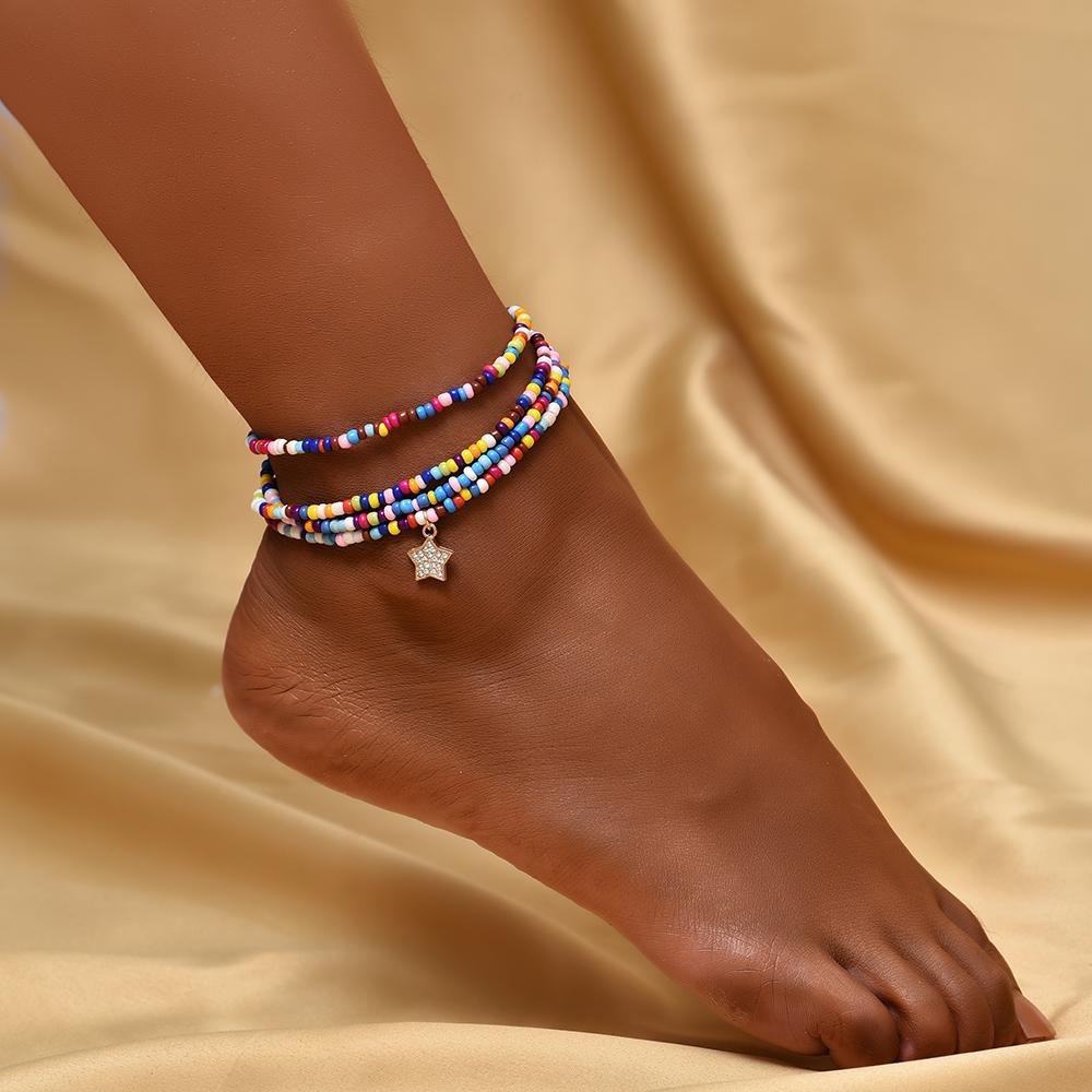 Boho Anklet Foot Colorful Beads Chain Star Pendant Ankle Summer Bracelet Charm Sandals Barefoot Beach Foot Bridal Jewelry A045