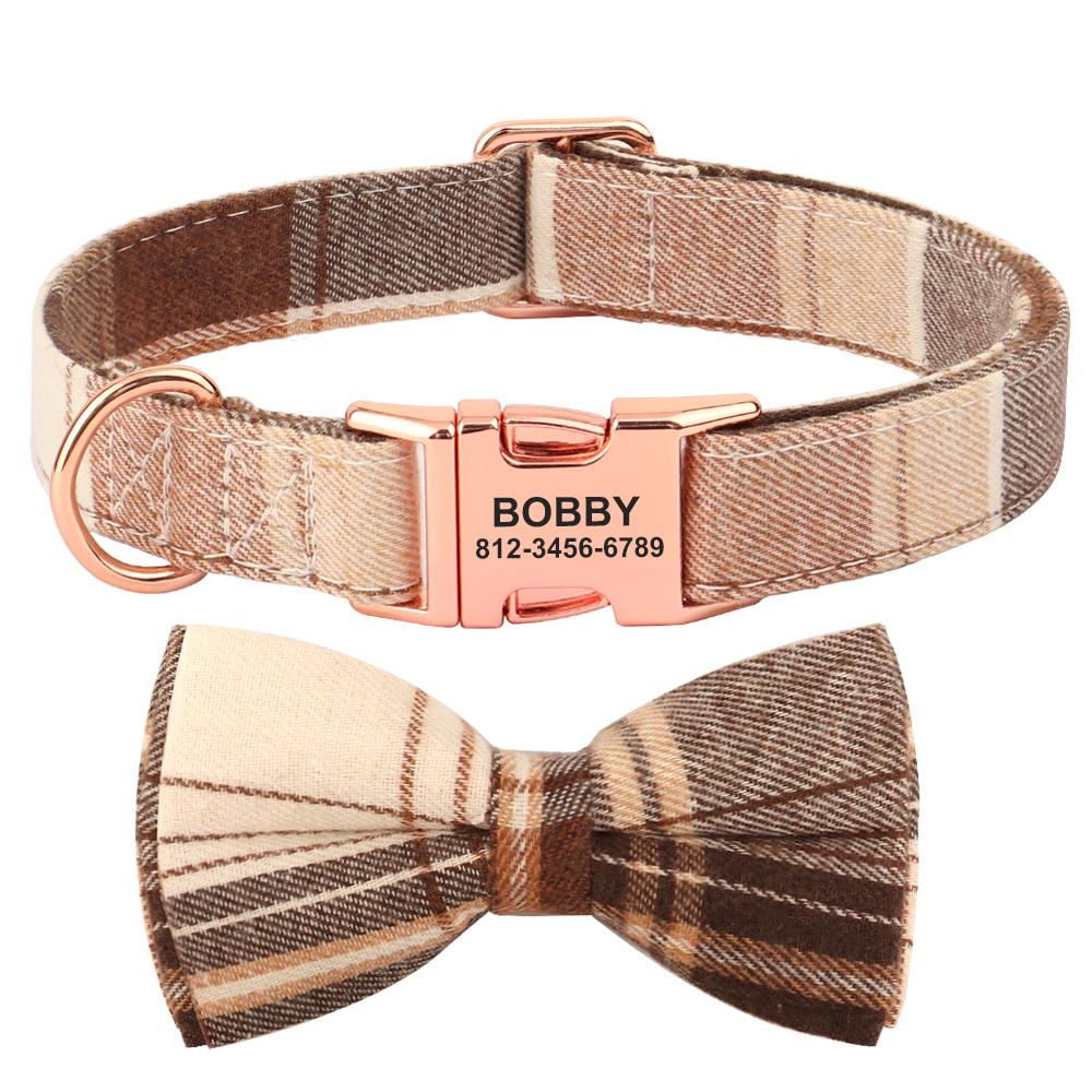 Personalized Nylon Dog Collar Plaid Dog Collars With Bowknot Free Custom Pet Buckle Necklace For Small Medium Dogs Chihuahua Pug S