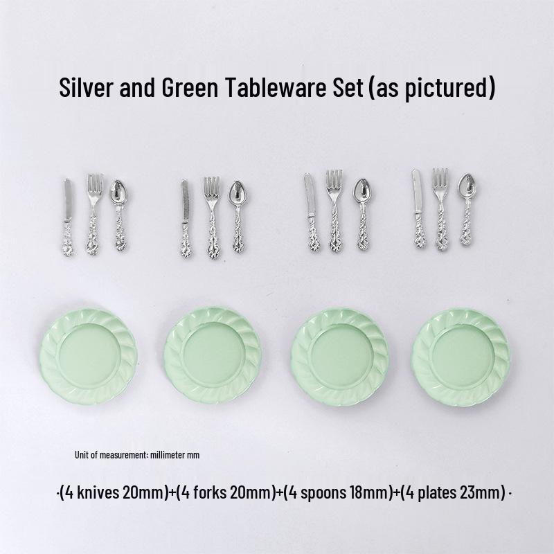 Miniature Dollhouse DIY Model Cake Set: Alloy Plate, Knife, Fork & Spoon Props