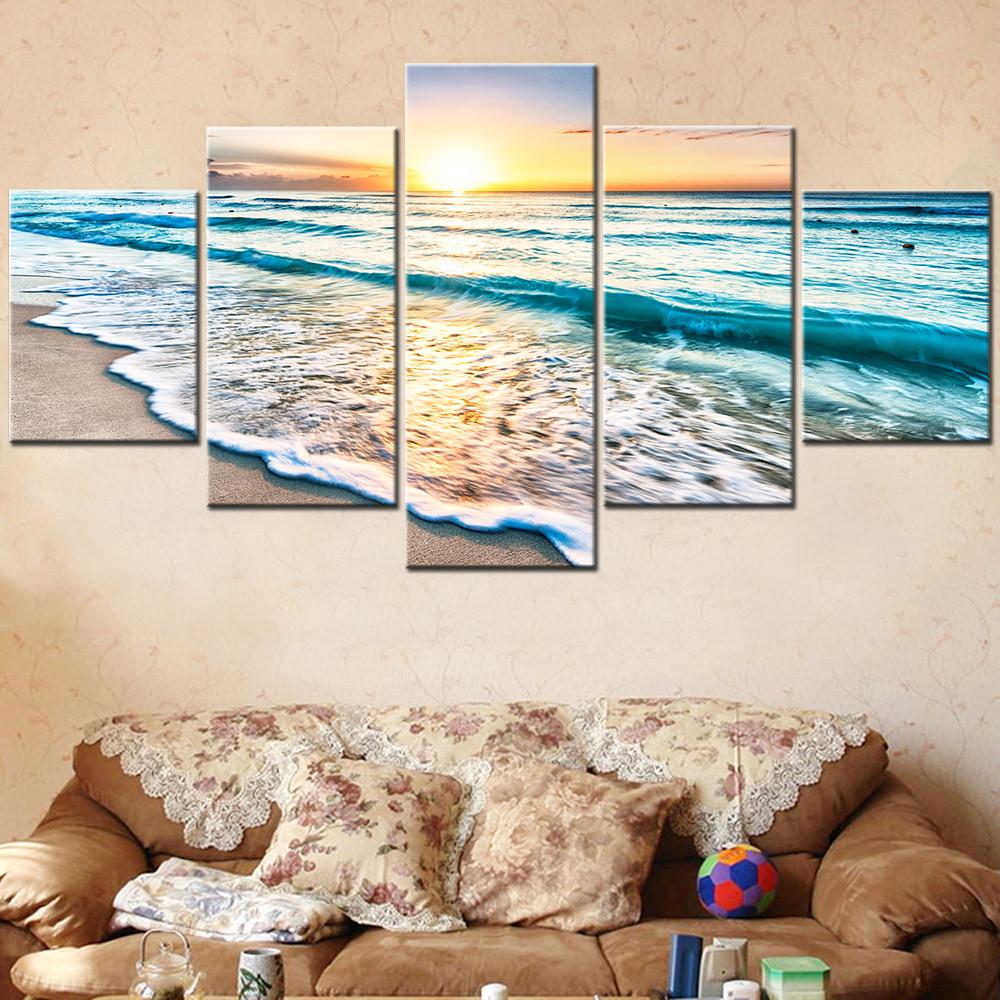 

5 Panels Wall Art Canvas Print Seascape Painting Beach Sea Sunrise Artwork Picture Modern Home Decor Posters Bedroom Decoration 20X35 20X45 20X55CM