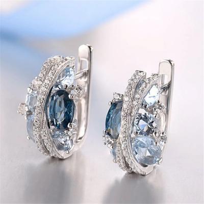 Charm Female Blue Purple Zircon Stone Hoop Earrings Silver Color Simple Wedding  For Women
