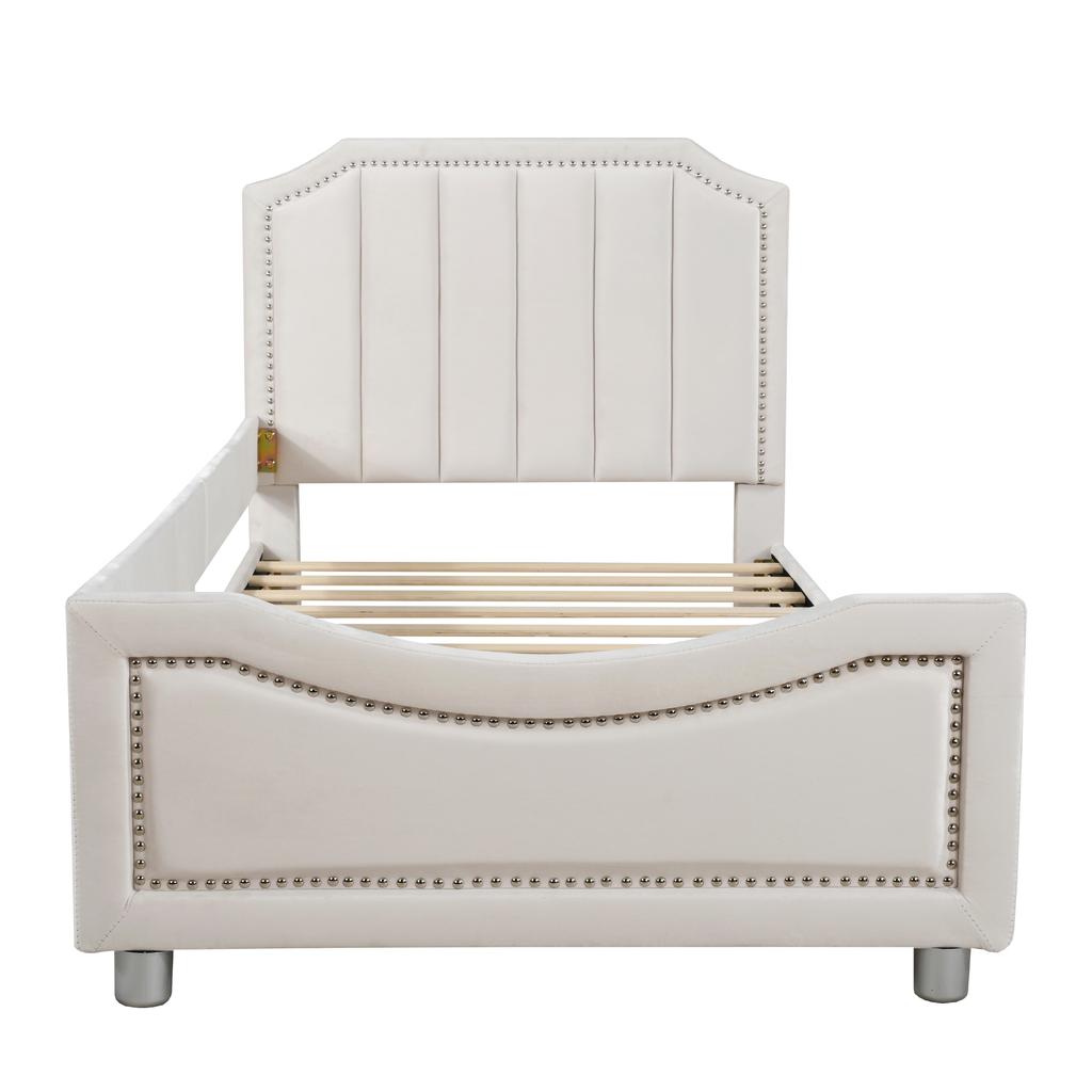 Kids' Bed Upholstered Bed 90*200cm Sleeper Sofa Bed Frame Flannel Multifunctional Soft Bed with Backrest Armrest Parent-Child Youth Guest Bed Beige