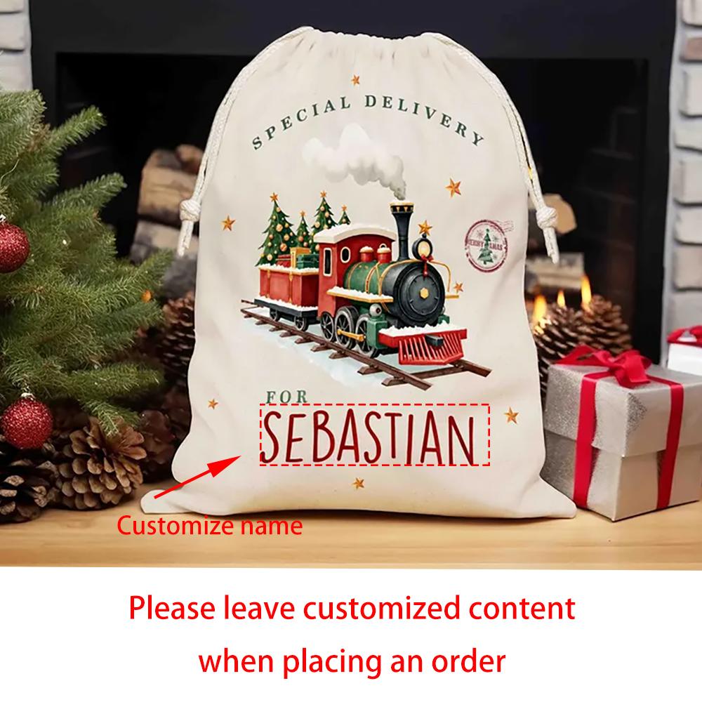 

Personalized Christmas Santa Sack Drawstring Gift Bag Special Delivery Train Design Decoration Box Christmas Eve New Year Gift 1pcs 30x40cm