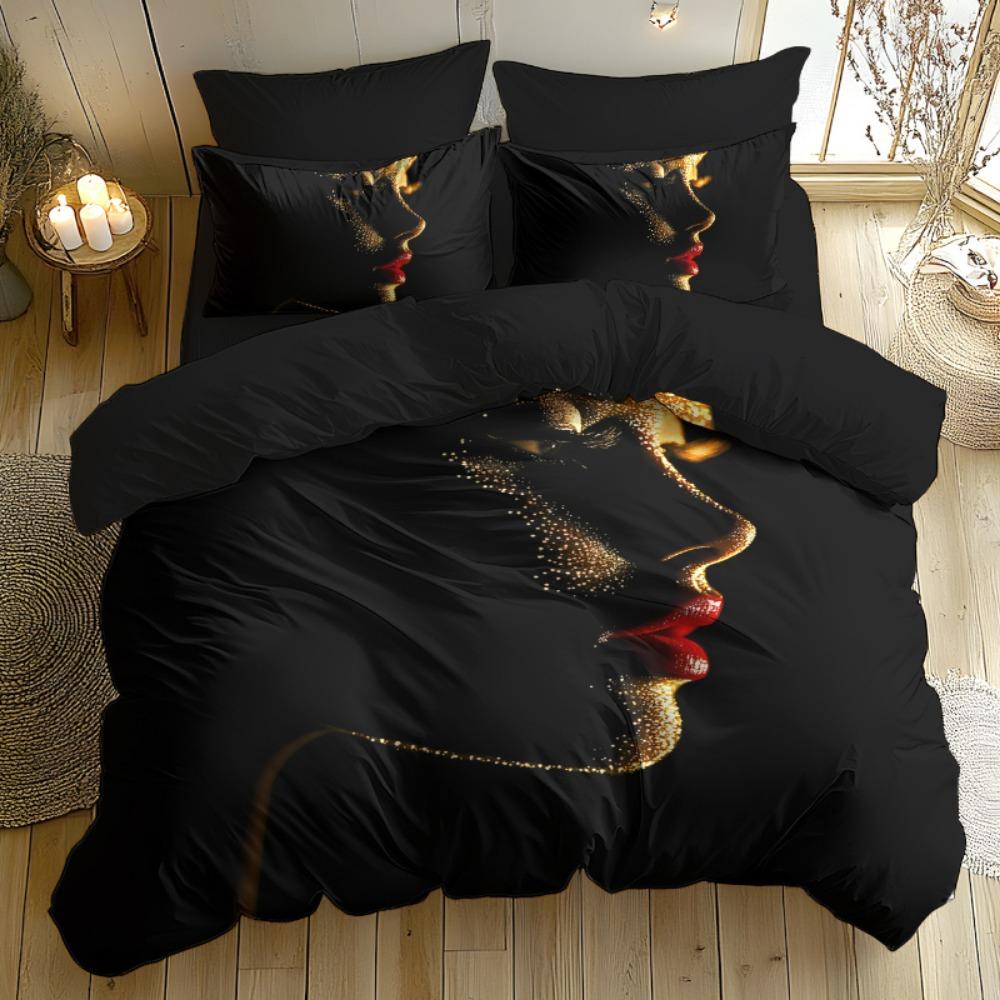3pcs Black Bedding Set Beautiful Red Lips Printed Cozy Duvet Cover Set King Queen Twin Single Size Birthday Gift Bedroom Decor