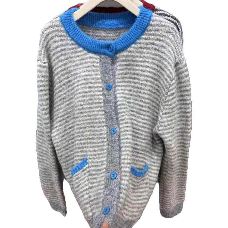 New Autumn and Winter Retro Stripes Contrasting Color Design Sense Long Camel Hair Knitted Cardigan Pocket Sweater Jacket Women