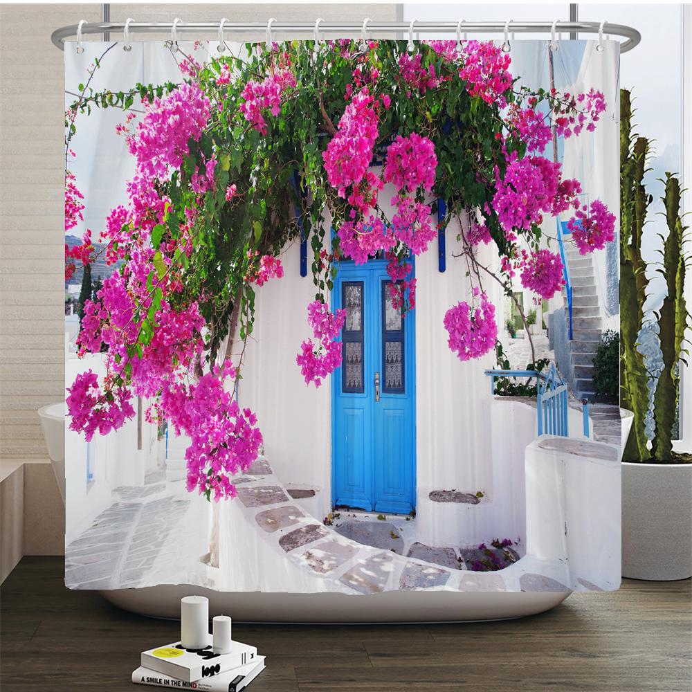 Flowers Scenery Waterproof Shower Curtains Rural Street Flowers Bathroom Curtains Polyester Fabric Washable Decor Bath Curtains