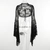Vintage Gothic Schwarzes Spitzen-T-Shirt, elegantes Smock-Top mit ausgestellten Ärmeln, durchsichtig, sexy, abgeschnittene Tops, Cardigan, Streetwear