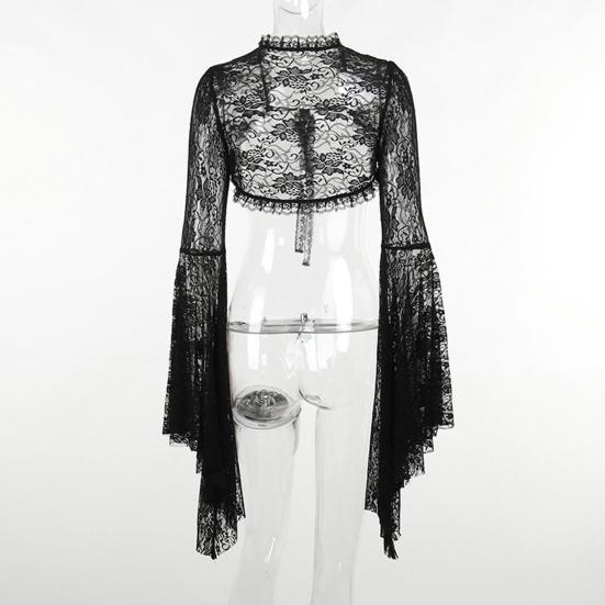 Vintage Gothic Schwarzes Spitzen-T-Shirt, elegantes Smock-Top mit ausgestellten Ärmeln, durchsichtig, sexy, abgeschnittene Tops, Cardigan, Streetwear