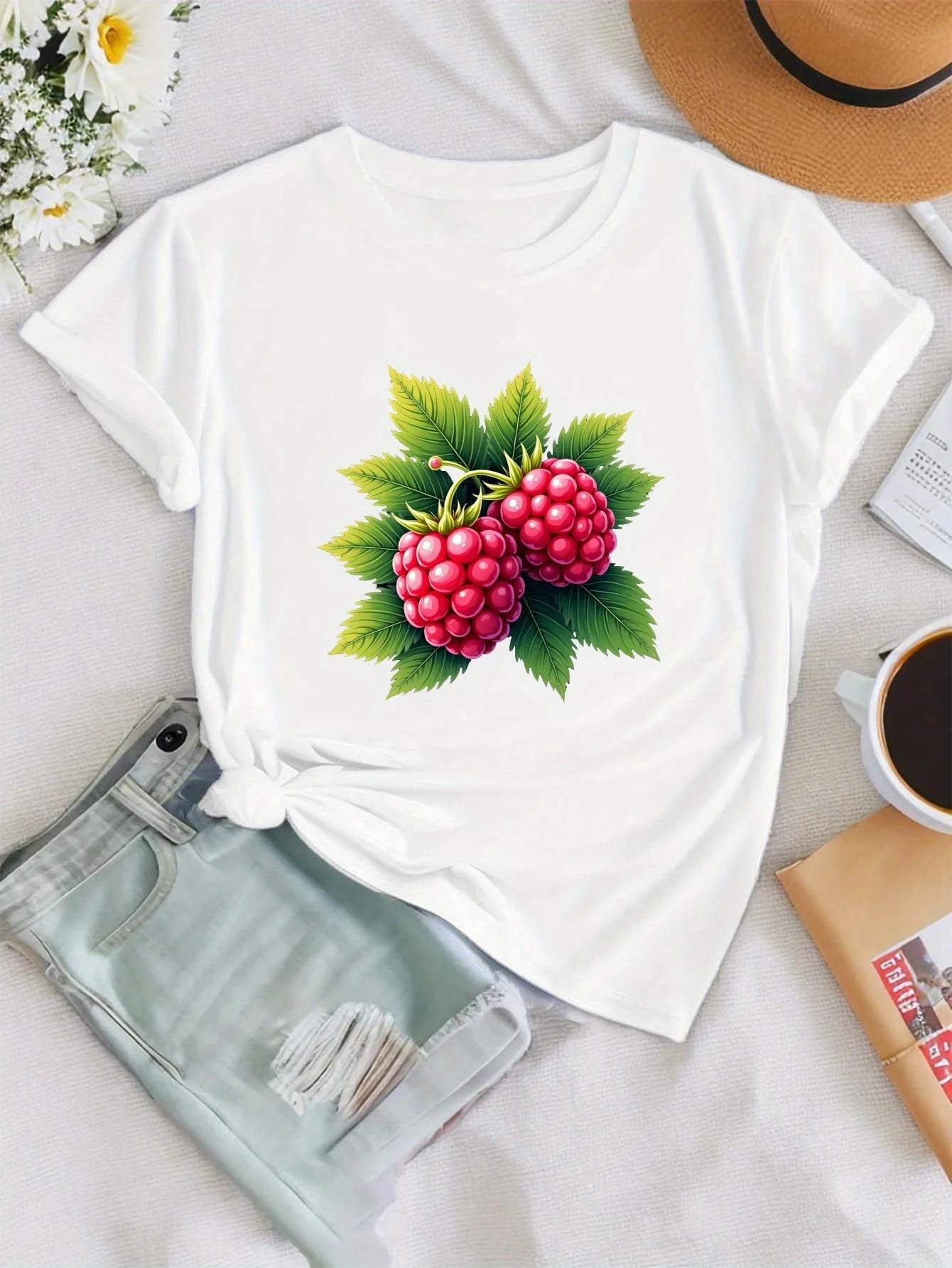 Camiseta informal de manga corta con cuello redondo y estampado exquisito de frambuesa y hojas para mujer moda Primavera Verano 4XL