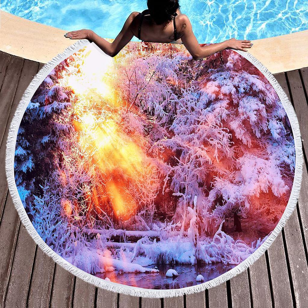 Round Beach Towel,Fantasy Winter Tree Printing Polyester Sand Resistant Beach Blanket,Absorbent Quick Dry Pool Towel Picnic Mat