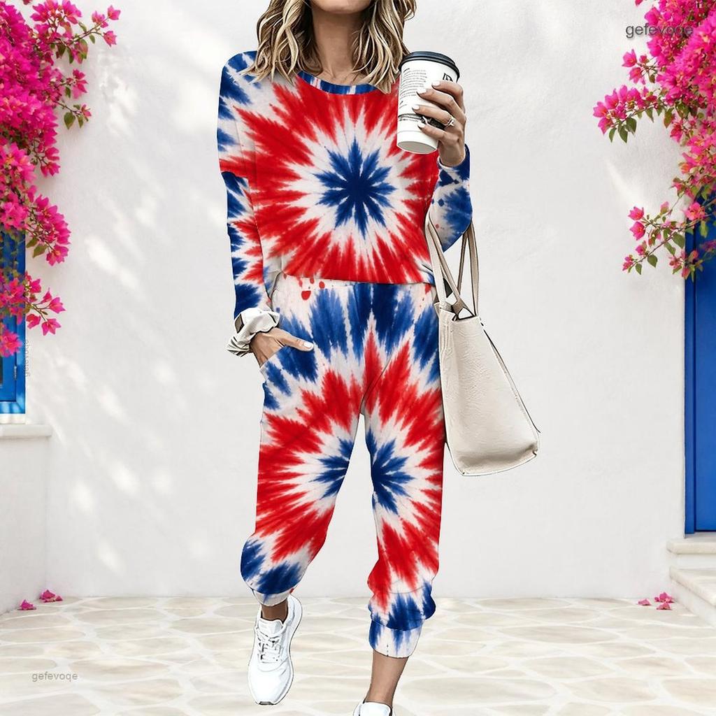 Women Plus Size Two Piece Set Round Neck Long Sleeve Printed Red Blue White Cuffed Top And Cuffed Pants With Pockets