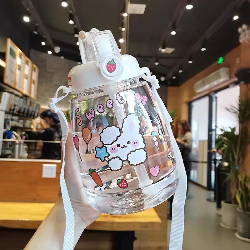 1300 ML Large Capacity Outdoor Sports Water Bottle with Straw Strap Creative Cute Sticker Portable Plastic Kids Sippy Water Cup
