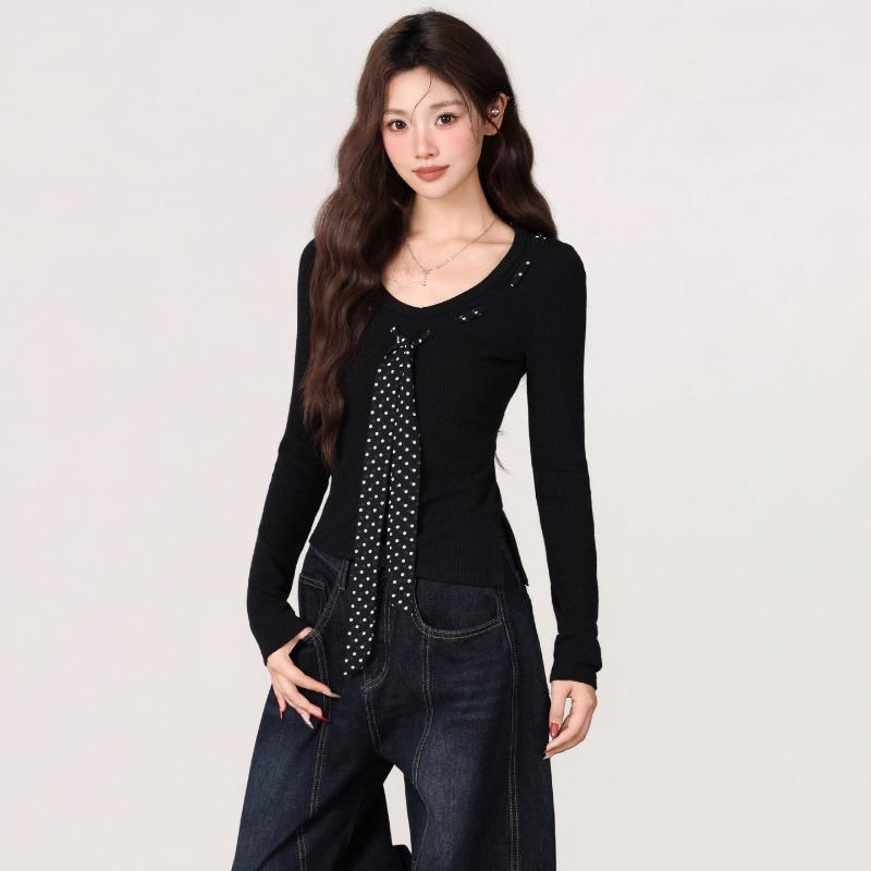 Women's Autumn and Winter Black Long-sleeved Sweater Polka-dot Tie Decoration Slim Fit T-shirt