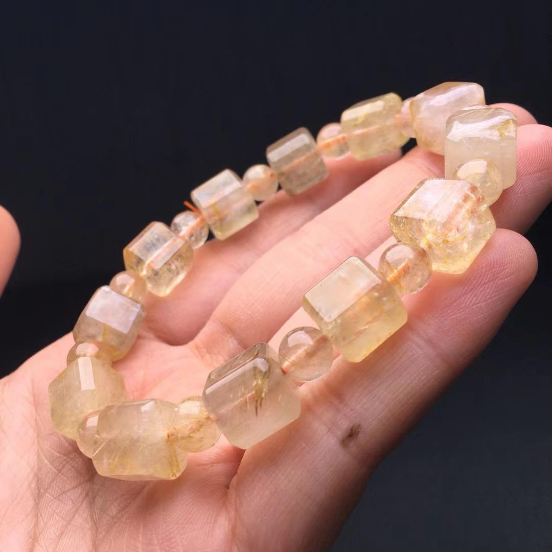 Natural Golden Hair Crystal Bucket Beads Sugar Cube Bracelet Golden Wealth Wealth Crystal Cylindrical Passepartout Bracelet Boyfriend Gift