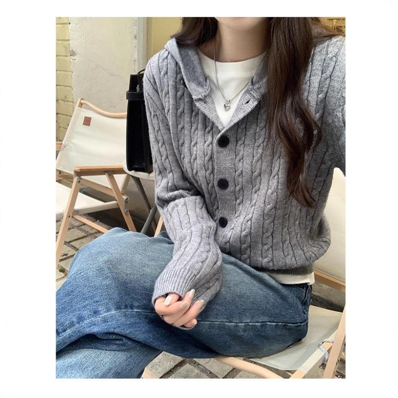 Autumn and winter new design hooded long-sleeved knitted cardigan jacket women's thin solid color temperament versatile top trendy