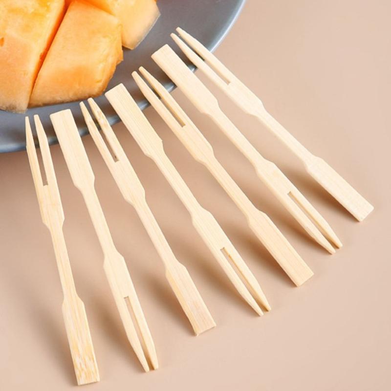 100PCS Bamboo Disposable Wooden Fruit Fork Fruit Toothpick Dessert Fork Set Party Home Tableware Supplies Disposable Forks SGC02