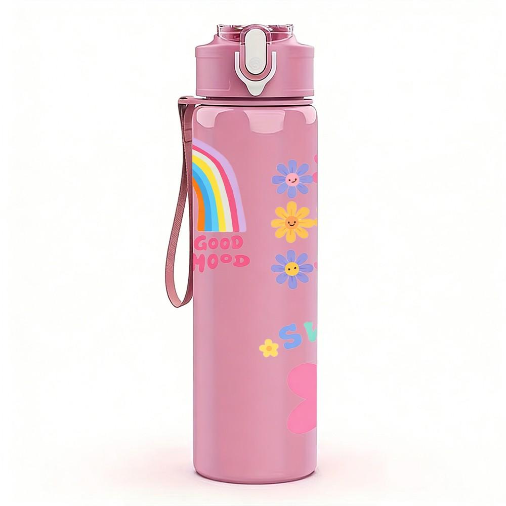1PC Rainbow Sun Flower Cute Pastel Print 750ml Color Plastic Sports Water Bottle Leakproof Flip Straw Lid Suitable for Sports Office Home Use