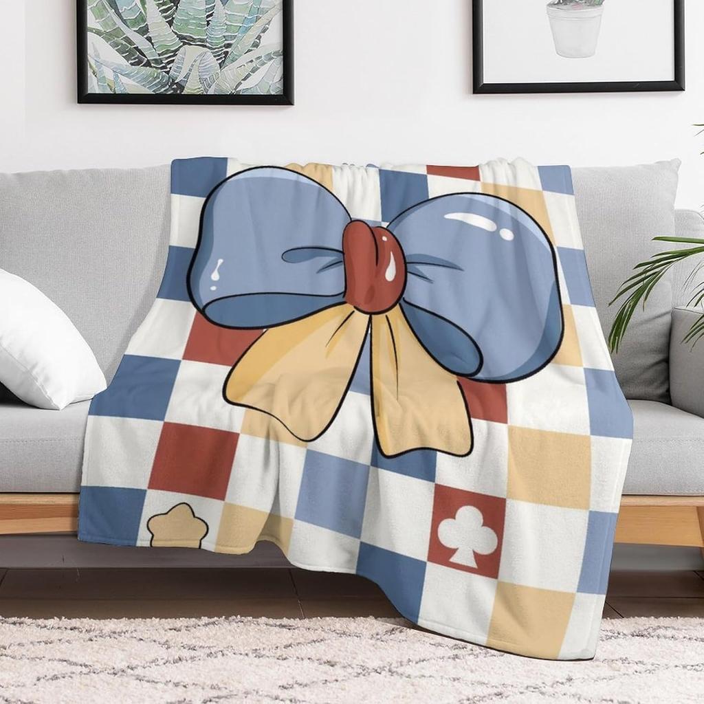 Cartoon Bow Tie Checkered Design Fleece Blanket Playful Kawaii Style Soft Warm Throw Interior Decoration Bedding Cover For Home