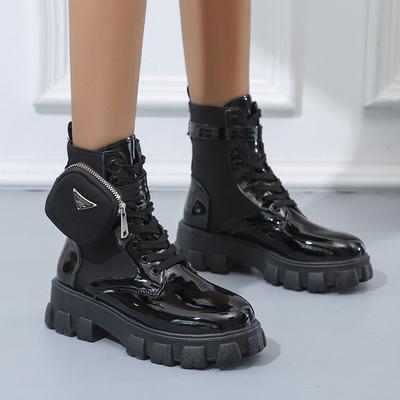 Moda Preto Punk Ankle Sola grossa Botas de motocicleta Ankle Boots Mulheres Lace-up Outono Salto grosso Fivela de cinto Bolso Designer Chunky Shoes