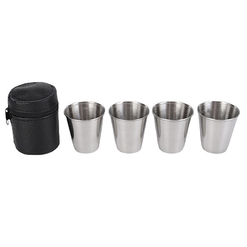 4 Stück Edelstahl-Wasserglas mit schwarzer Leder-Tragetasche für Outdoor-Camping, praktisches Reise-Whiskey-Wein-Glas