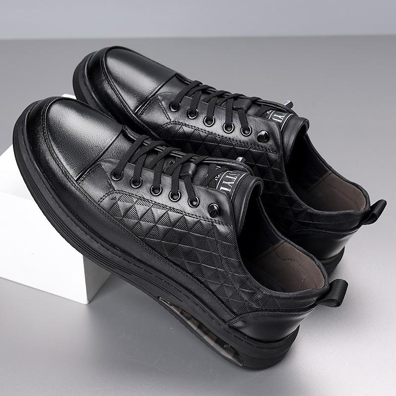 Autumn new first-layer cowhide casual men's shoes black flat shoes breathable lace-up-free versatile board shoes men's trendy shoes