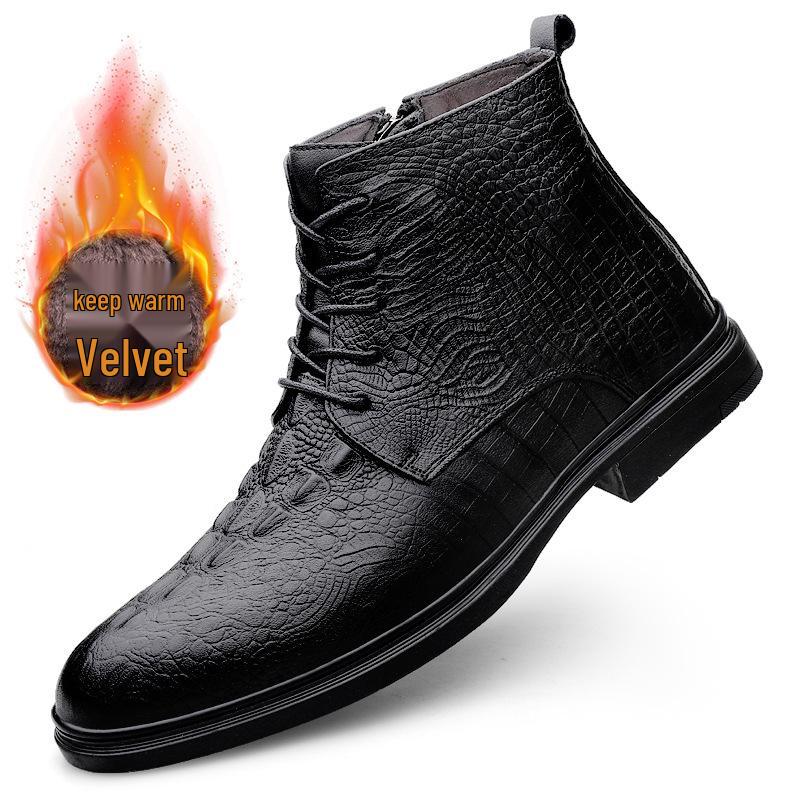 Men s Plus Size Crocodile Pattern Fleece-Lined Leather High-Top Boots, British Style with Side Zipper 37