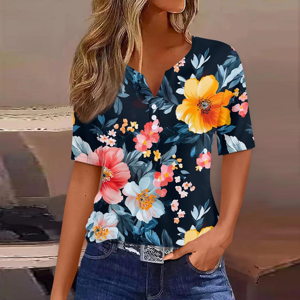 Damen T-Shirt mit Aufdruck und Knopfleiste, kurzärmelig, für den Alltag, Wochenende, modisch, Basic, V-Ausschnitt, normales Oberteil