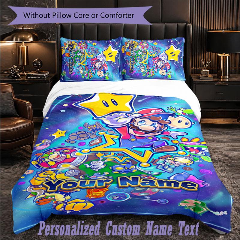 Personalized 3Pcs Bedding SetSuper Mario Custom Text Duvet Cover Pillowcase Set Bedroom Gift