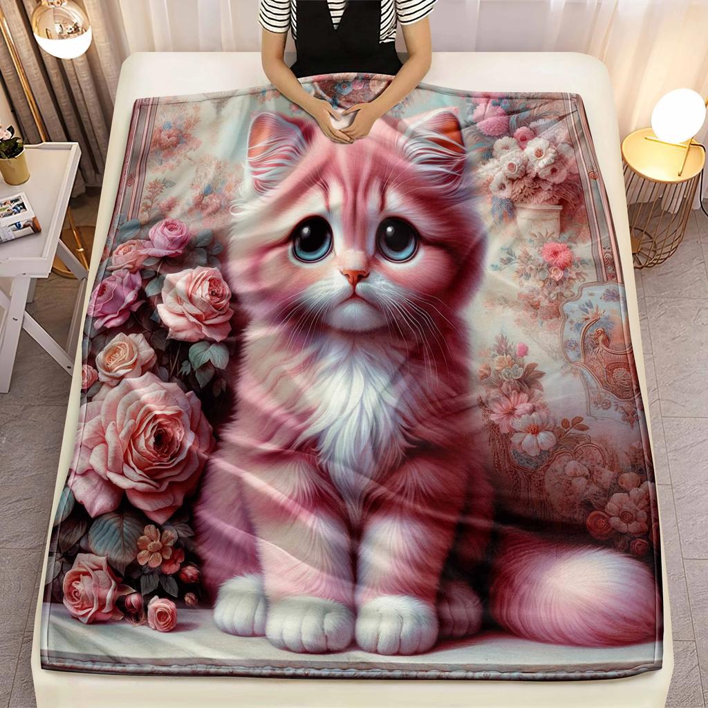 Charming Pink Rose & Cat Design Soft Microfiber Throw Blanket – Cozy for Bed, Sofa, Camping, Picnic & Winter Decor
